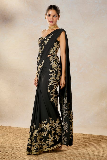 Shop Masaba Black Modal, Silk Zari, Embroidery Scoop Sunheri Bel Stitched Saree With Corset Online at Aza Fashions Shop_Masaba_Black Modal, Silk Zari, Embroidery Scoop Sunheri Bel Stitched Saree With Corset _Online_at_Aza_Fashions