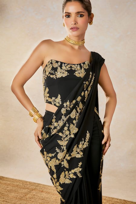 Shop Masaba Black Modal, Silk Zari, Embroidery Scoop Sunheri Bel Stitched Saree With Corset Shop_Masaba_Black Modal, Silk Zari, Embroidery Scoop Sunheri Bel Stitched Saree With Corset