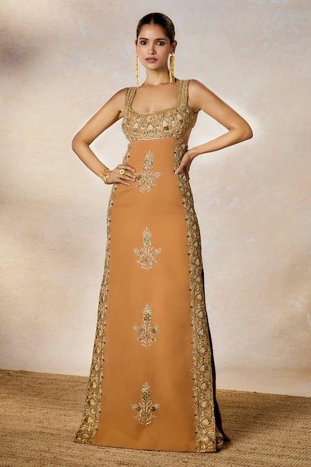 Buy_Masaba_Brown Modal Embroidery, Sequins Square Neck The Mishti Doi Gown _Online_at_Aza_Fashions