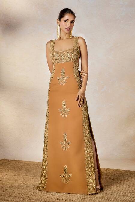 Shop_Masaba_Brown Modal Embroidery, Sequins Square Neck The Mishti Doi Gown _Online_at_Aza_Fashions