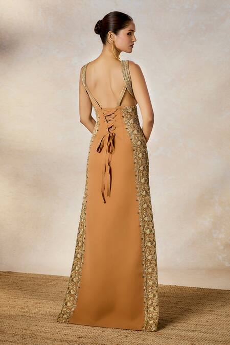 Buy_Masaba_Brown Modal Embroidery, Sequins Square Neck The Mishti Doi Gown 