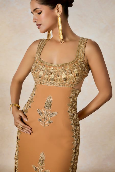 Shop_Masaba_Brown Modal Embroidery, Sequins Square Neck The Mishti Doi Gown 