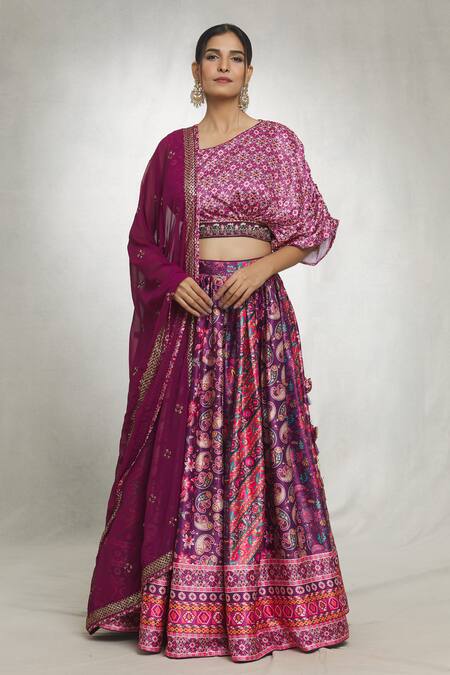 Buy Samyukta Singhania Purple Georgette, Denim Sequins, Embroidery Paisley Geometric Print Lehenga Set Buy_Samyukta Singhania_Purple Georgette, Denim Sequins, Embroidery Paisley Geometric Print Lehenga Set