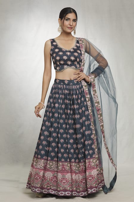 Buy_Naintara Bajaj_Blue Chiffon Sequins, Mirrors, Embroidery V-neck Floral Butti Print Lehenga Set 
