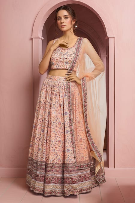 Samyukta Singhania Cream Blouse And Lehenga Heavy Chinon Printed Floral V-neck Mughal Set 