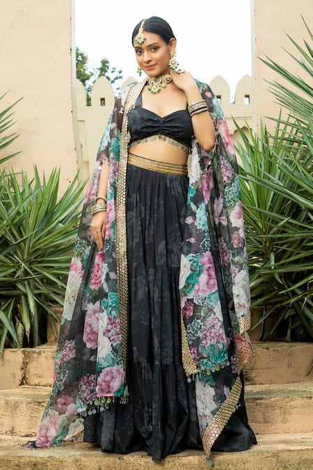 Monk & Mei By Sonia Anand_Black Georgette Mirrors Sweetheart Aafia Printed Floral Cape Tiered Lehenga Set _at_Aza_Fashions