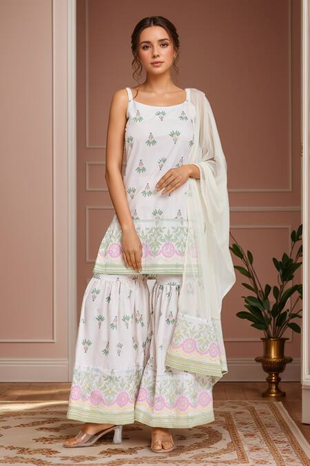 Samyukta Singhania Off White Polyester Round Neck Fern Bloom Print Kurti Sharara Set