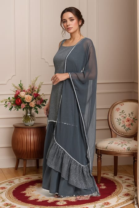 Samyukta Singhania Grey Poly Chiffon Embellished Celeste Gota Patti Round Neck Kurti Sharara Set 