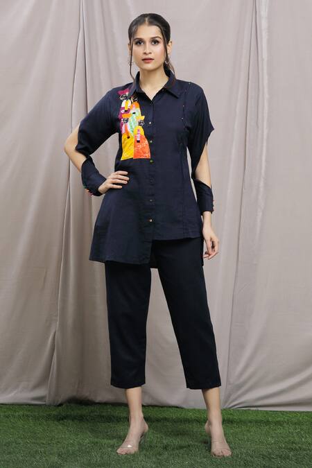 Buy_Samyukta Singhania_Blue Cotton Collared Patchwork Placement Shirt Tunic With Pant
