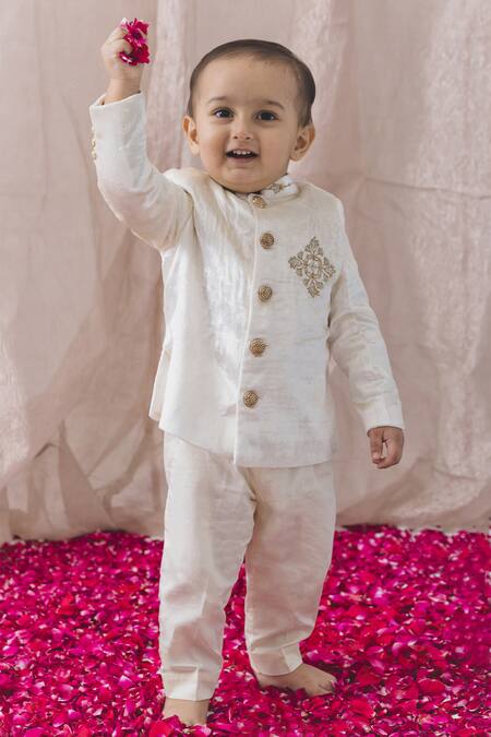 Shop Tiber Taber Cream Viscose, Cotton Zari Butti Embroidered Bandhgala And Pant Set at Aza Fashions Shop_Tiber Taber_Cream Viscose, Cotton Zari Butti Embroidered Bandhgala And Pant Set_at_Aza_Fashions