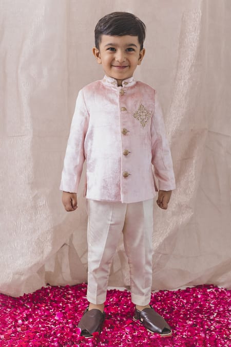 Shop Tiber Taber Pink Viscose, Cotton Zari Butti Embroidered Bandhgala And Pant Set at Aza Fashions Shop_Tiber Taber_Pink Viscose, Cotton Zari Butti Embroidered Bandhgala And Pant Set _at_Aza_Fashions