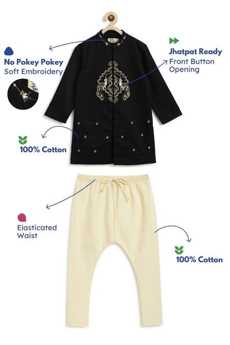 Tiber Taber Black Cotton Embroidery Peacock Kurta Set Online at Aza Fashions Tiber Taber_Black Cotton Embroidery Peacock Kurta Set _Online_at_Aza_Fashions