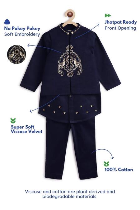 Tiber Taber Blue Cotton Embroidery Navy Peacock Bundi Set Online at Aza Fashions Tiber Taber_Blue Cotton Embroidery Navy Peacock Bundi Set _Online_at_Aza_Fashions