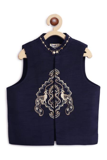 Tiber Taber Blue Cotton Embroidery Navy Peacock Bundi Set at Aza Fashions Tiber Taber_Blue Cotton Embroidery Navy Peacock Bundi Set _at_Aza_Fashions