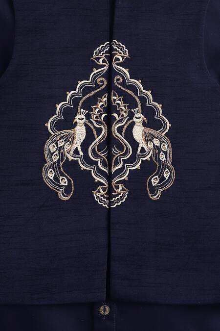 Buy Tiber Taber Blue Cotton Embroidery Navy Peacock Bundi Set Buy_Tiber Taber_Blue Cotton Embroidery Navy Peacock Bundi Set