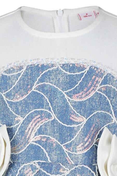 Stella Rossa By Les Petits_Blue Net, Denim Sequins Abstract Embroidered Dress_Online_at_Aza_Fashions
