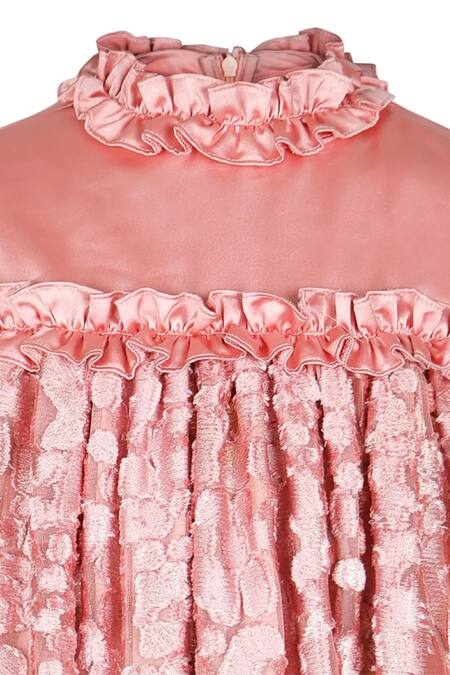 STELLA ROSSA BY LES PETITS_Pink Satin Lace Ruffled Neck Embroidered Dress_Online_at_Aza_Fashions