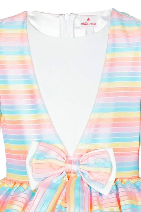 Stella Rossa By Les Petits White Net, Crepe Frilled Hem Candy Stripe Dress Online at Aza Fashions Stella Rossa By Les Petits_White Net, Crepe Frilled Hem Candy Stripe Dress_Online_at_Aza_Fashions