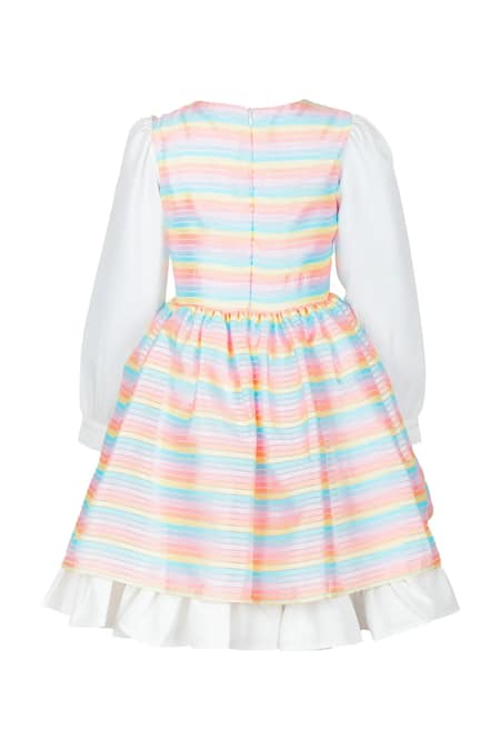 Shop Stella Rossa By Les Petits White Net, Crepe Frilled Hem Candy Stripe Dress at Aza Fashions Shop_Stella Rossa By Les Petits_White Net, Crepe Frilled Hem Candy Stripe Dress_at_Aza_Fashions