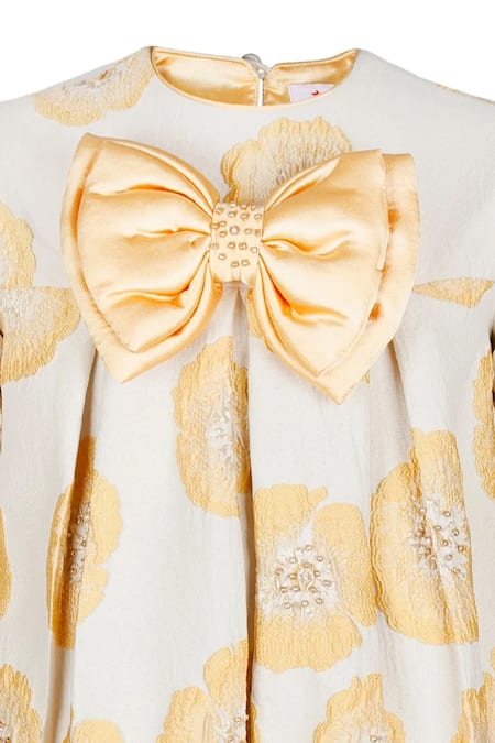STELLA ROSSA BY LES PETITS_White Jacquard Bows Floral Woven Dress With_Online_at_Aza_Fashions