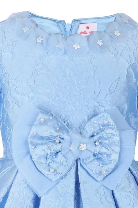 Shop Stella Rossa By Les Petits Blue Jacquard Bows, Pearls Floral Fit And Flare Dress at Aza Fashions Shop_Stella Rossa By Les Petits_Blue Jacquard Bows, Pearls Floral Fit And Flare Dress_at_Aza_Fashions