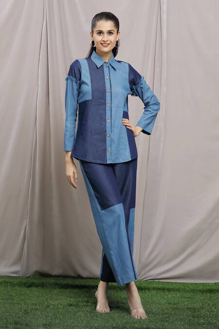 Buy_Naintara Bajaj_Blue Denim Collared Colorblock Shirt And Pant Set 