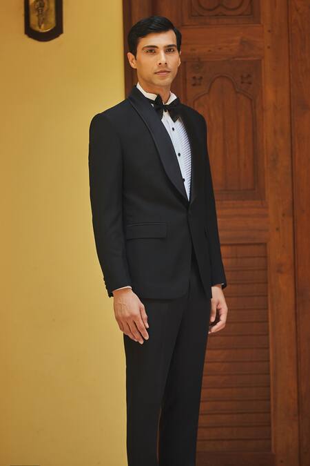 Buy_Bohame_Black Terrycloth, Cotton Lapel Tuxedo Set_Online_at_Aza_Fashions