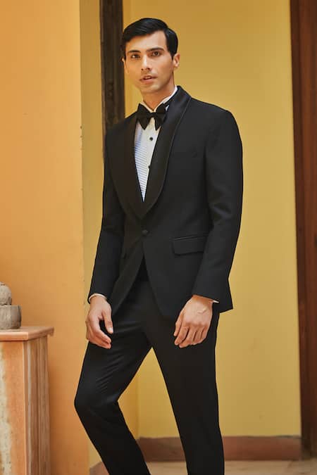 Shop_Bohame_Black Terrycloth, Cotton Lapel Tuxedo Set_Online_at_Aza_Fashions