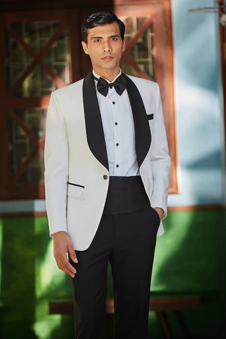Bohame_White Terrycloth, Cotton Piping Lapel Tuxedo Set_Online_at_Aza_Fashions