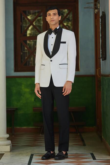 Buy_Bohame_White Terrycloth, Cotton Piping Lapel Tuxedo Set_Online_at_Aza_Fashions