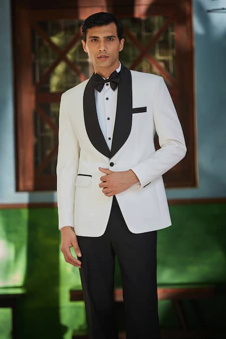 Shop_Bohame_White Terrycloth, Cotton Piping Lapel Tuxedo Set_Online_at_Aza_Fashions