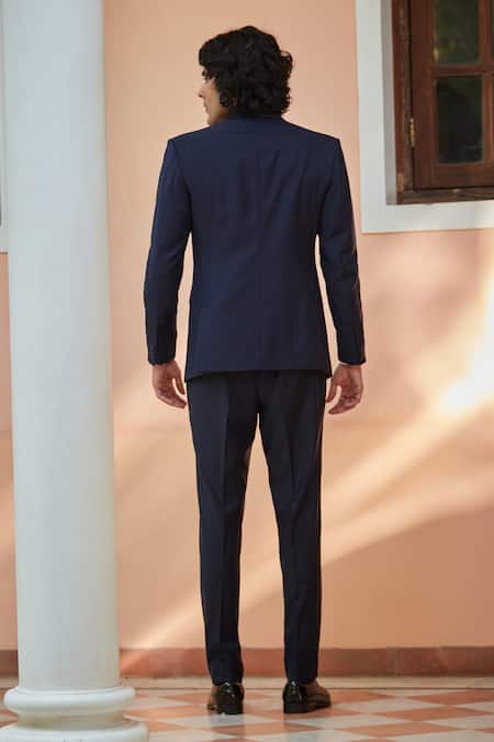 Shop Bohame Navy Terrycloth, Cotton Bows Blue Lapel Tuxedo Set at Aza Fashions Shop_Bohame_Navy Terrycloth, Cotton Bows Blue Lapel Tuxedo Set_at_Aza_Fashions