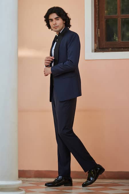 Buy Bohame Navy Terrycloth, Cotton Bows Blue Lapel Tuxedo Set Online at Aza Fashions Buy_Bohame_Navy Terrycloth, Cotton Bows Blue Lapel Tuxedo Set_Online_at_Aza_Fashions