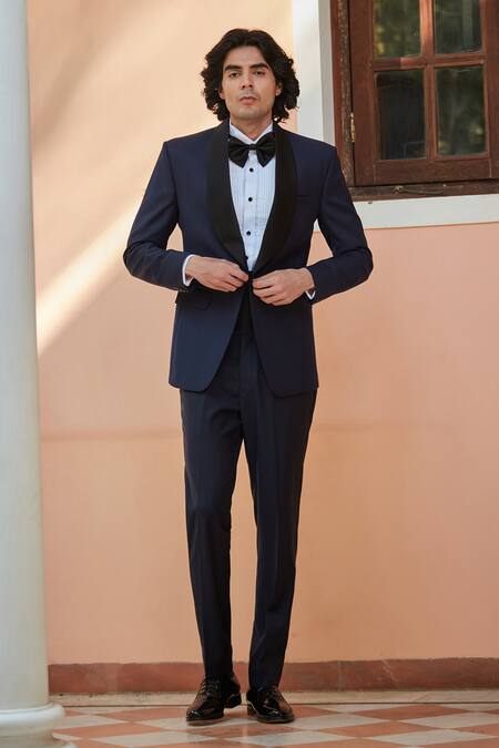 Shop Bohame Navy Terrycloth, Cotton Bows Blue Lapel Tuxedo Set Online at Aza Fashions Shop_Bohame_Navy Terrycloth, Cotton Bows Blue Lapel Tuxedo Set_Online_at_Aza_Fashions