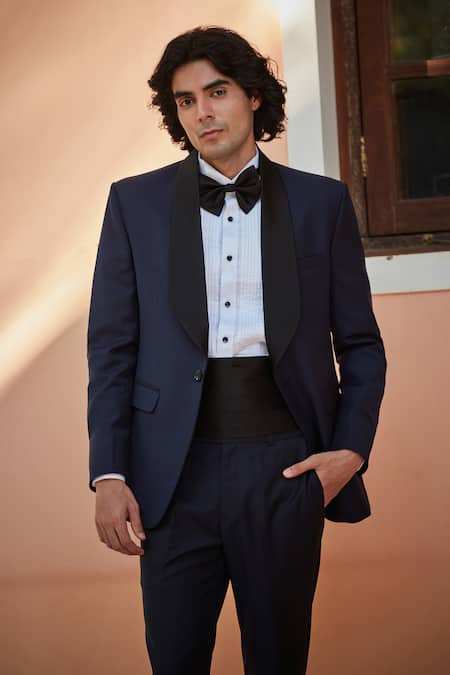 Bohame Navy Terrycloth, Cotton Bows Blue Lapel Tuxedo Set at Aza Fashions Bohame_Navy Terrycloth, Cotton Bows Blue Lapel Tuxedo Set_at_Aza_Fashions