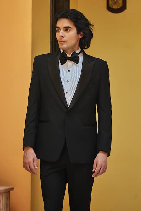 Shop Bohame Black Terrycloth, Cotton, Silk Lapel Tuxedo Set at Aza Fashions Shop_Bohame_Black Terrycloth, Cotton, Silk Lapel Tuxedo Set_at_Aza_Fashions