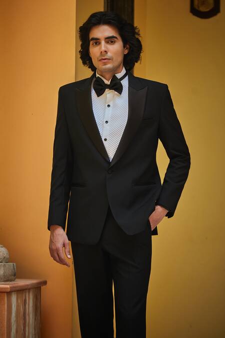 Bohame Black Terrycloth, Cotton, Silk Lapel Tuxedo Set Online at Aza Fashions Bohame_Black Terrycloth, Cotton, Silk Lapel Tuxedo Set_Online_at_Aza_Fashions