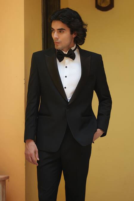 Buy Bohame Black Terrycloth, Cotton, Silk Lapel Tuxedo Set Online at Aza Fashions Buy_Bohame_Black Terrycloth, Cotton, Silk Lapel Tuxedo Set_Online_at_Aza_Fashions
