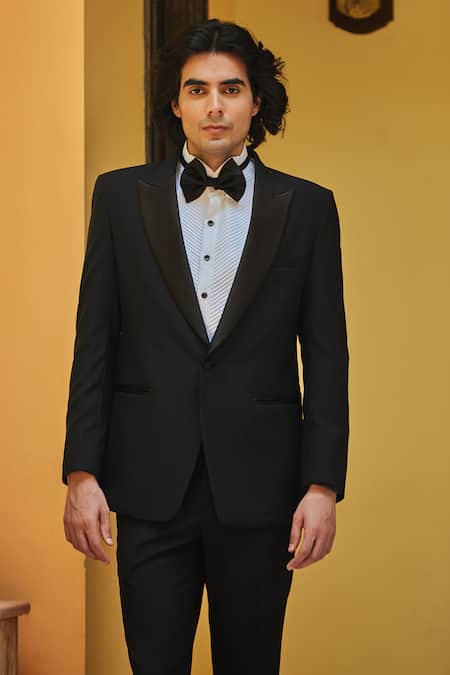 Shop Bohame Black Terrycloth, Cotton, Silk Lapel Tuxedo Set Online at Aza Fashions Shop_Bohame_Black Terrycloth, Cotton, Silk Lapel Tuxedo Set_Online_at_Aza_Fashions