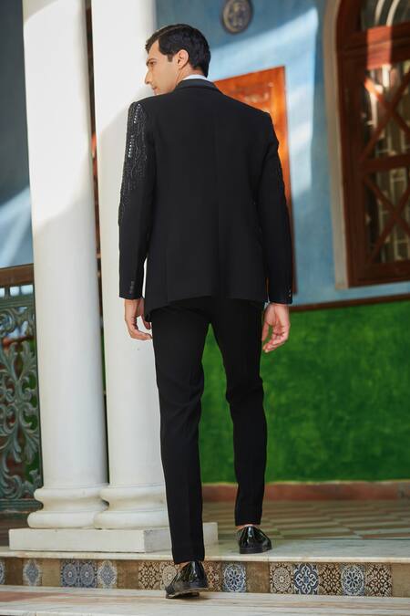 Shop_Bohame_Black Terrycloth, Cotton, Silk Sequins, Cut Work Embroidered Tuxedo Set_at_Aza_Fashions