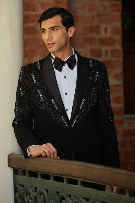 Bohame_Black Terrycloth, Cotton, Silk Sequins, Cut Work Embroidered Tuxedo Set_Online_at_Aza_Fashions