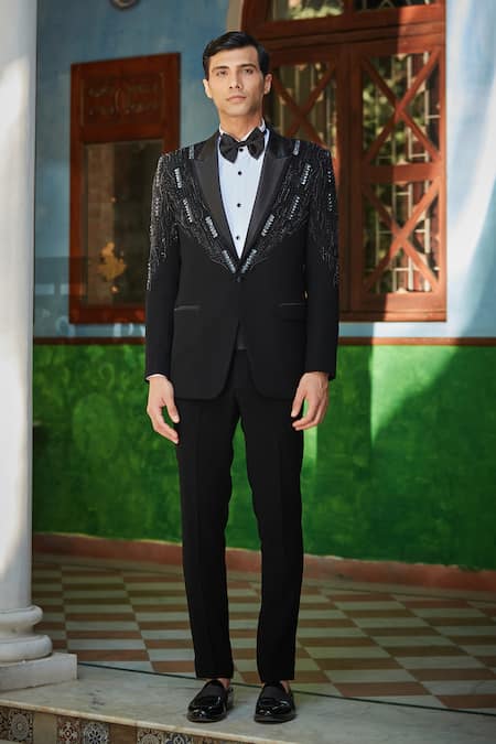 Bohame_Black Terrycloth, Cotton, Silk Sequins, Cut Work Embroidered Tuxedo Set_at_Aza_Fashions