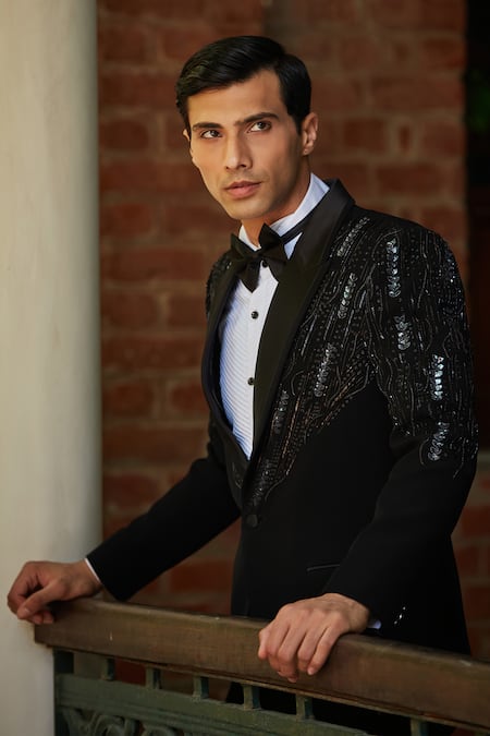 Buy_Bohame_Black Terrycloth, Cotton, Silk Sequins, Cut Work Embroidered Tuxedo Set
