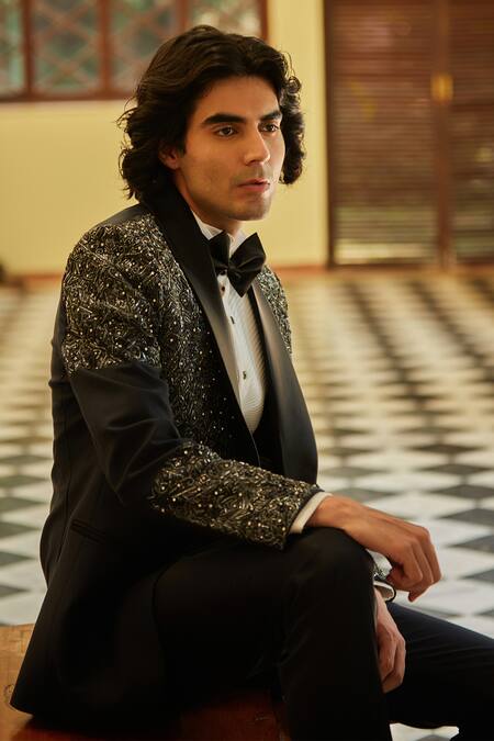 Bohame Navy Terrycloth, Cotton, Polyester Cut Work Blue Cutdana Embroidered Tuxedo Set Online at Aza Fashions Bohame_Navy Terrycloth, Cotton, Polyester Cut Work Blue Cutdana Embroidered Tuxedo Set_Online_at_Aza_Fashions