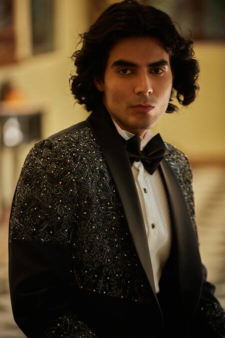 Buy Bohame Navy Terrycloth, Cotton, Polyester Cut Work Blue Cutdana Embroidered Tuxedo Set Online at Aza Fashions Buy_Bohame_Navy Terrycloth, Cotton, Polyester Cut Work Blue Cutdana Embroidered Tuxedo Set_Online_at_Aza_Fashions