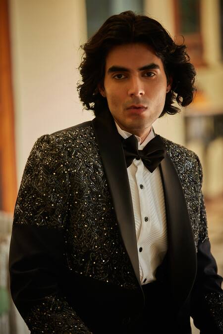 Shop Bohame Navy Terrycloth, Cotton, Polyester Cut Work Blue Cutdana Embroidered Tuxedo Set Online at Aza Fashions Shop_Bohame_Navy Terrycloth, Cotton, Polyester Cut Work Blue Cutdana Embroidered Tuxedo Set_Online_at_Aza_Fashions