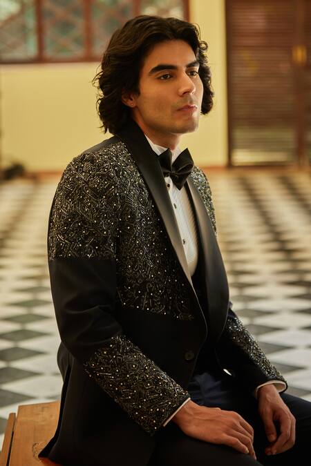 Bohame Navy Terrycloth, Cotton, Polyester Cut Work Blue Cutdana Embroidered Tuxedo Set at Aza Fashions Bohame_Navy Terrycloth, Cotton, Polyester Cut Work Blue Cutdana Embroidered Tuxedo Set_at_Aza_Fashions