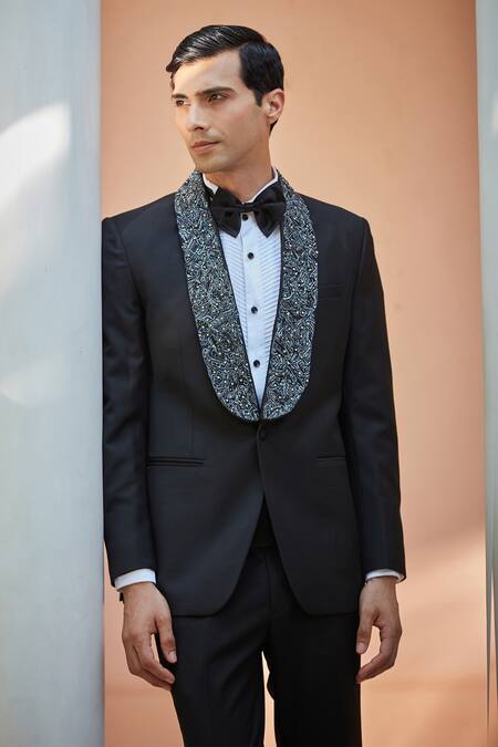 Shop Bohame Black Cotton, Wool, Silk, Terrycloth Cut Work Cutdana Embroidered Tuxedo Set at Aza Fashions Shop_Bohame_Black Cotton, Wool, Silk, Terrycloth Cut Work Cutdana Embroidered Tuxedo Set_at_Aza_Fashions