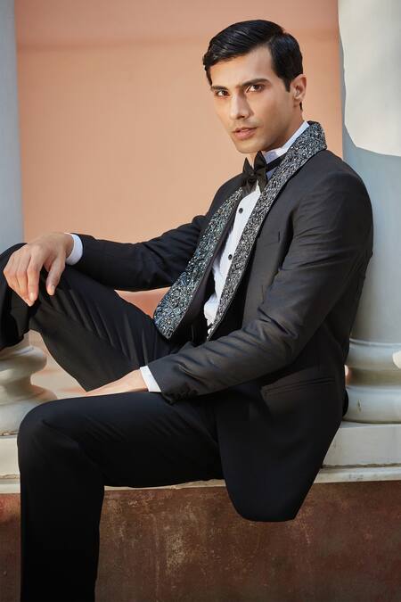 Bohame Black Cotton, Wool, Silk, Terrycloth Cut Work Cutdana Embroidered Tuxedo Set Online at Aza Fashions Bohame_Black Cotton, Wool, Silk, Terrycloth Cut Work Cutdana Embroidered Tuxedo Set_Online_at_Aza_Fashions