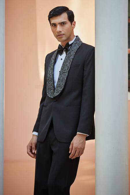 Buy Bohame Black Cotton, Wool, Silk, Terrycloth Cut Work Cutdana Embroidered Tuxedo Set Online at Aza Fashions Buy_Bohame_Black Cotton, Wool, Silk, Terrycloth Cut Work Cutdana Embroidered Tuxedo Set_Online_at_Aza_Fashions